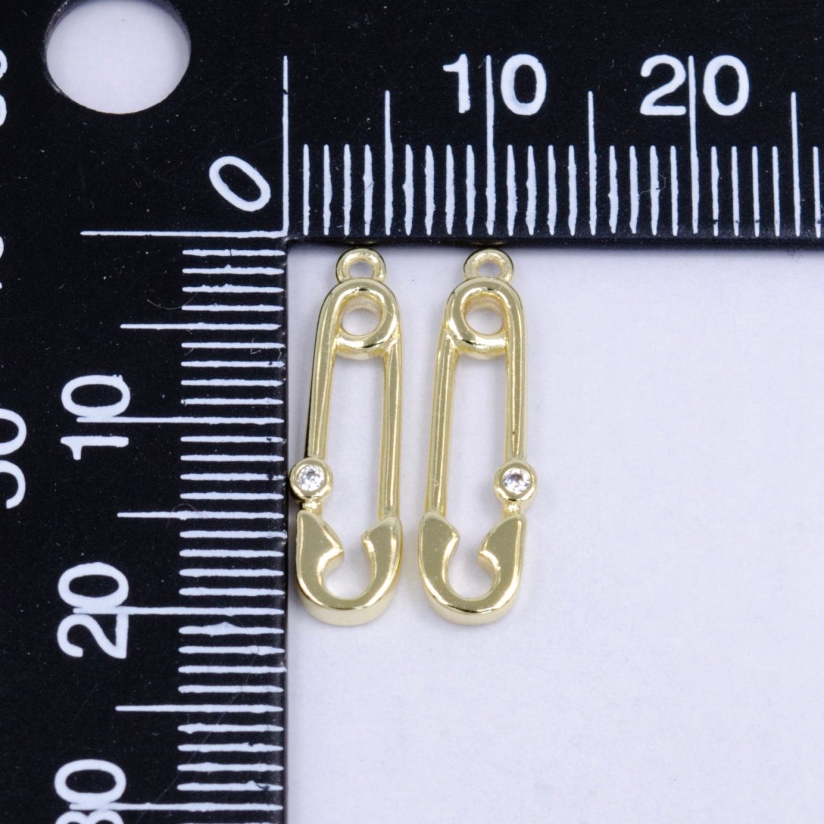 14K Gold plated Clear CZ Bezel Safety Pin Charm | W268 