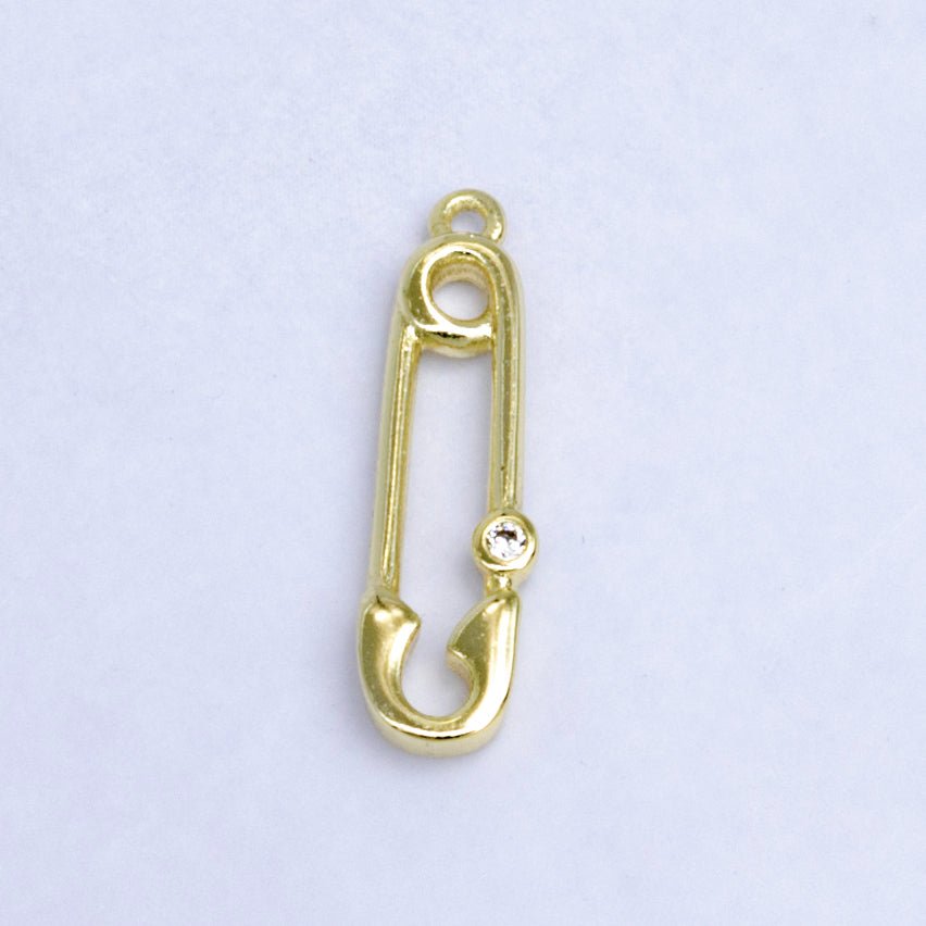 14K Gold plated Clear CZ Bezel Safety Pin Charm | W268 