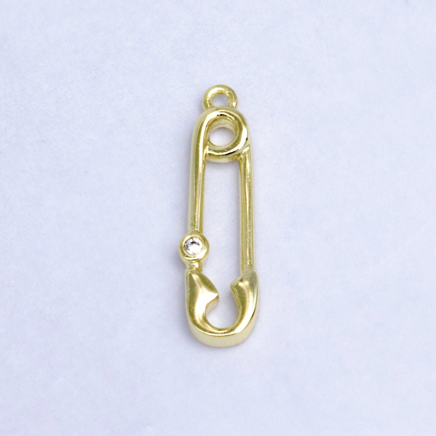 14K Gold plated Clear CZ Bezel Safety Pin Charm | W268 
