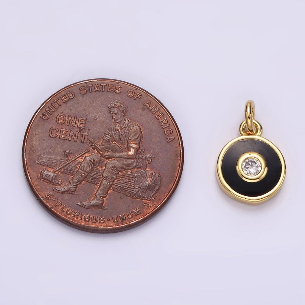 14K Gold plated Clear CZ Black Outline Round Charm | AC905 - DLUXCA