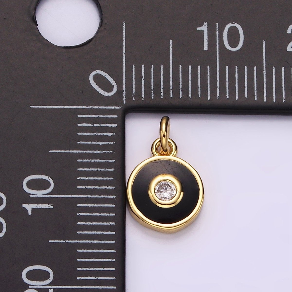 14K Gold plated Clear CZ Black Outline Round Charm | AC905 - DLUXCA
