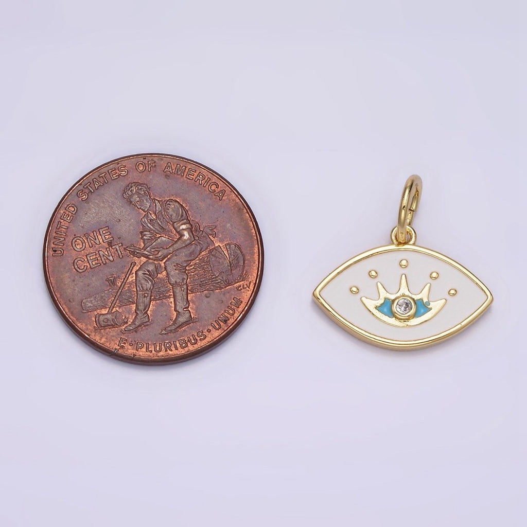 14K Gold plated Clear CZ Blue Splatter White Enamel Evil Eye Charm | N986 - DLUXCA