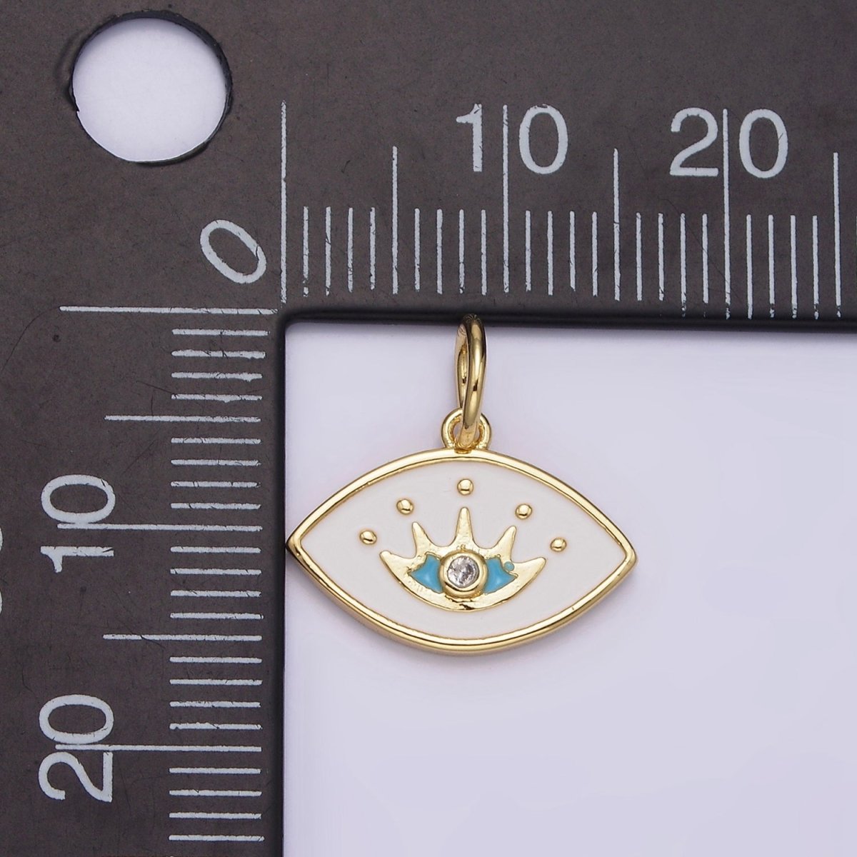 14K Gold plated Clear CZ Blue Splatter White Enamel Evil Eye Charm | N986 - DLUXCA