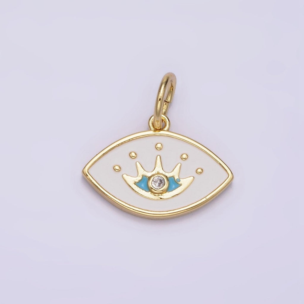 14K Gold plated Clear CZ Blue Splatter White Enamel Evil Eye Charm | N986 - DLUXCA