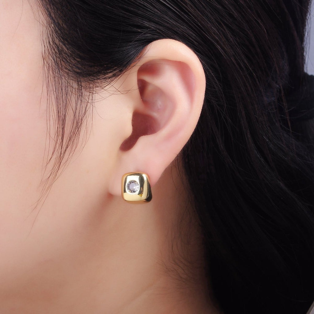 14K Gold plated Clear CZ Cube J - Shaped Hoop Earrings | P513 - DLUXCA