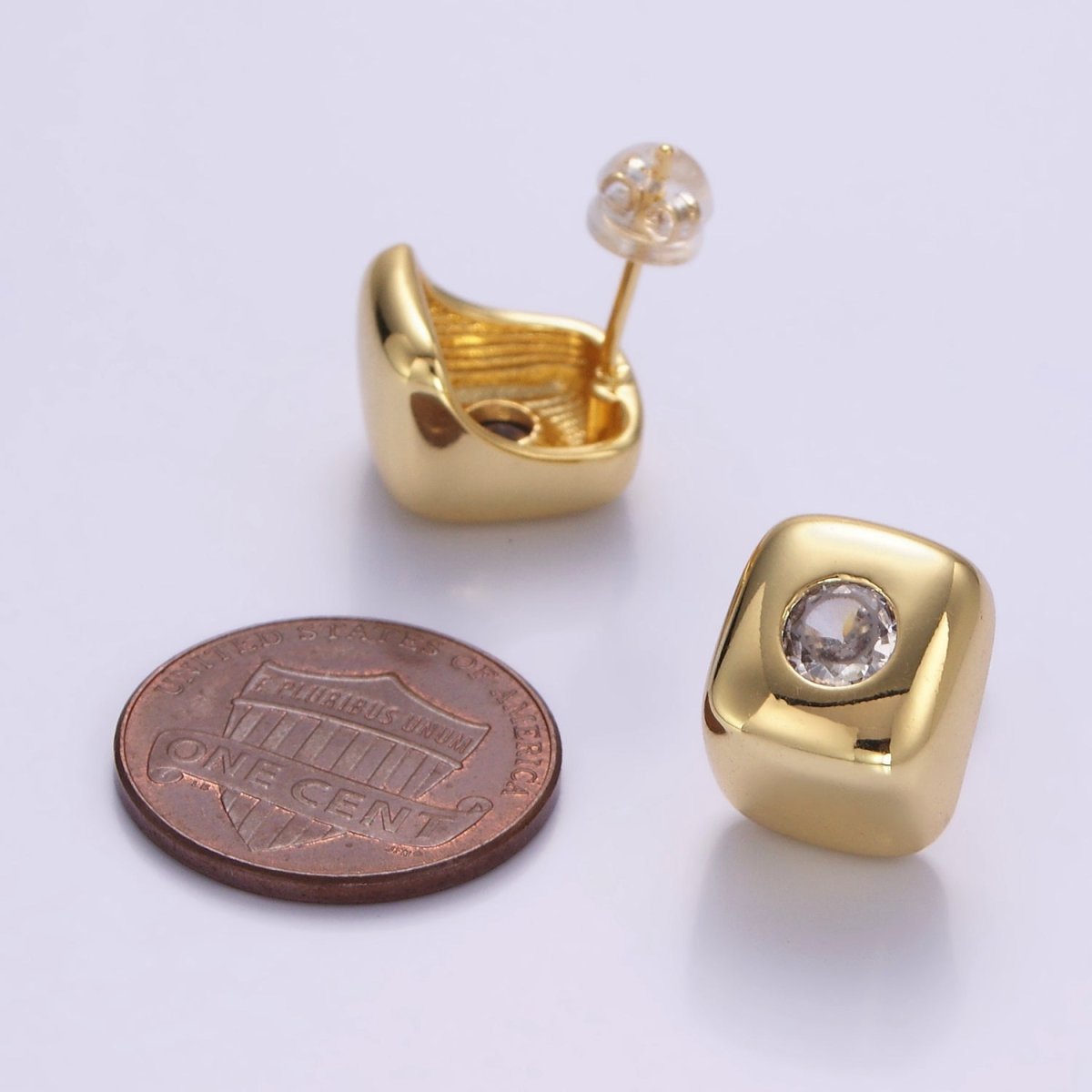 14K Gold plated Clear CZ Cube J - Shaped Hoop Earrings | P513 - DLUXCA