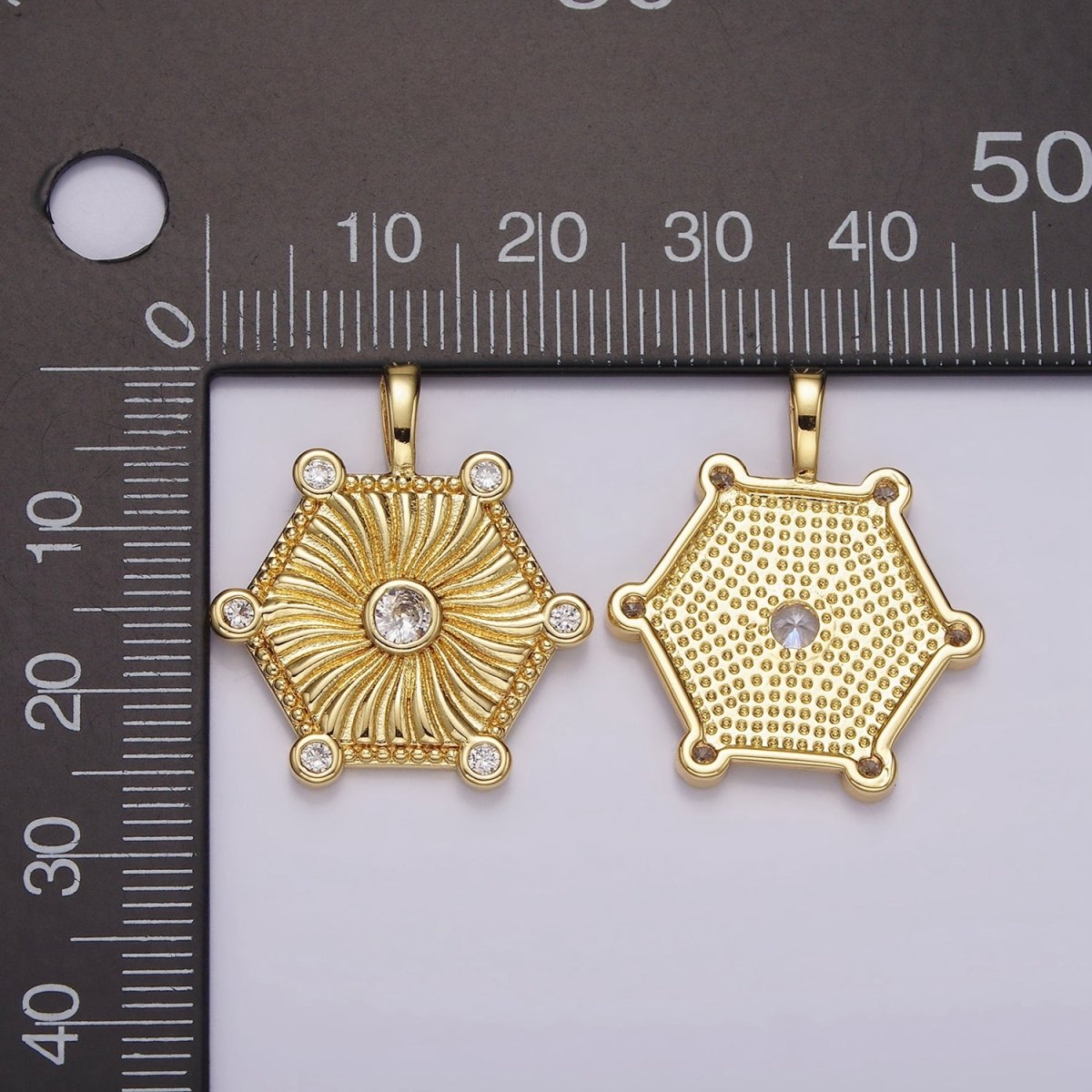14K Gold plated Clear CZ Curved Sunburst Dotted Hexagonal Pendant | AH087 - DLUXCA