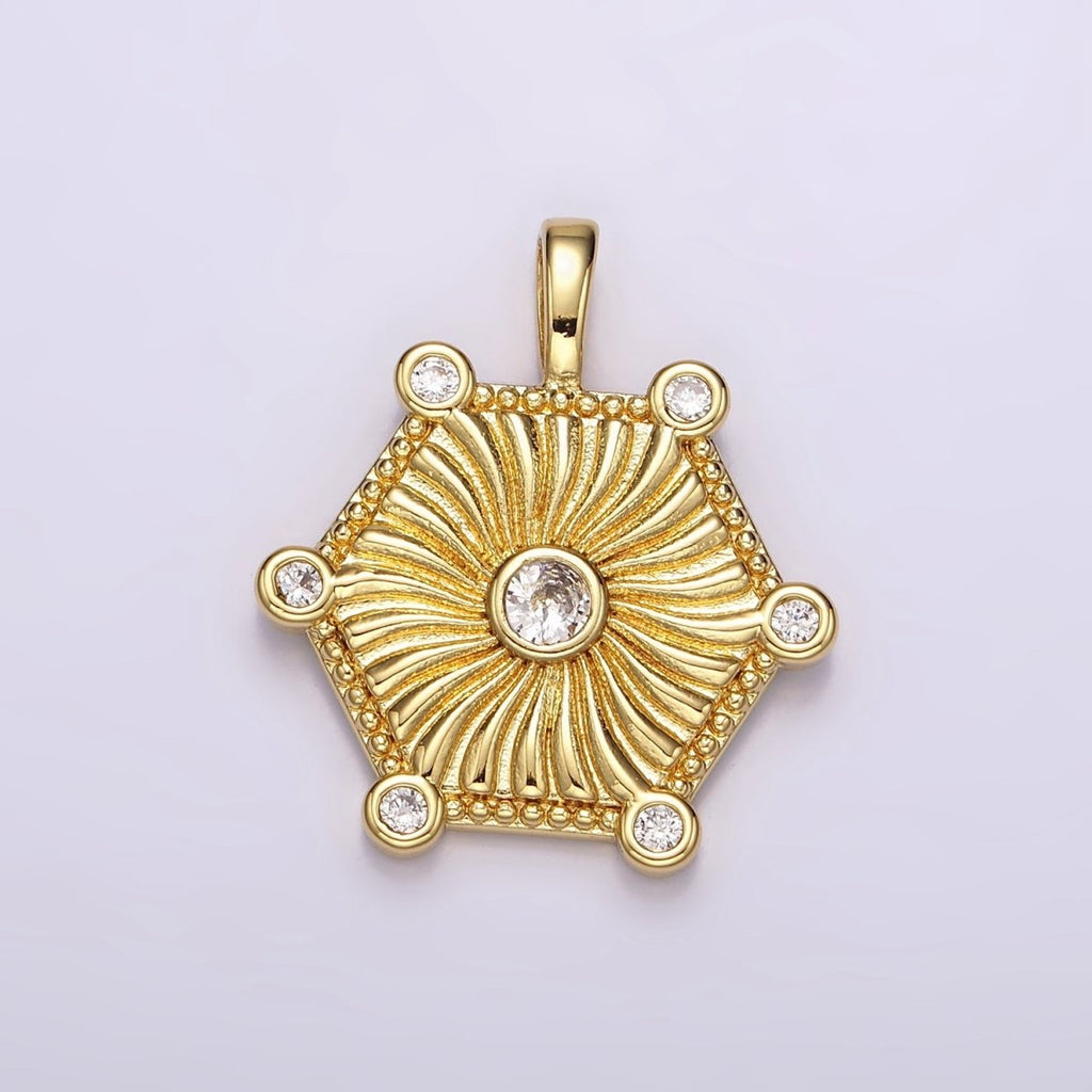 14K Gold plated Clear CZ Curved Sunburst Dotted Hexagonal Pendant | AH087 - DLUXCA