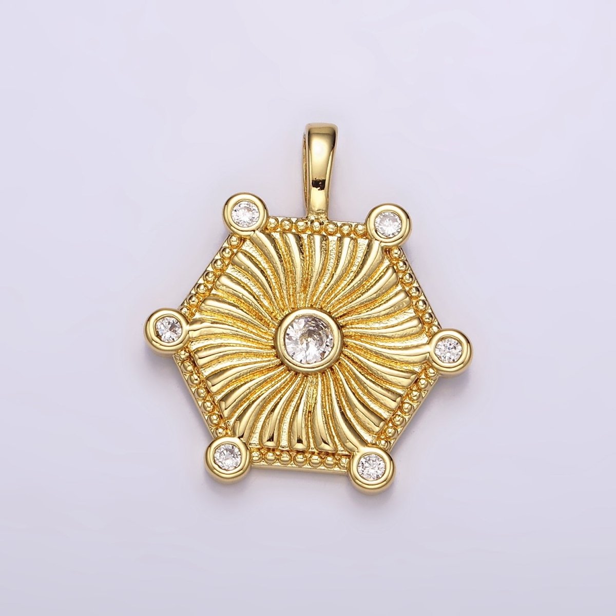 14K Gold plated Clear CZ Curved Sunburst Dotted Hexagonal Pendant | AH087 - DLUXCA