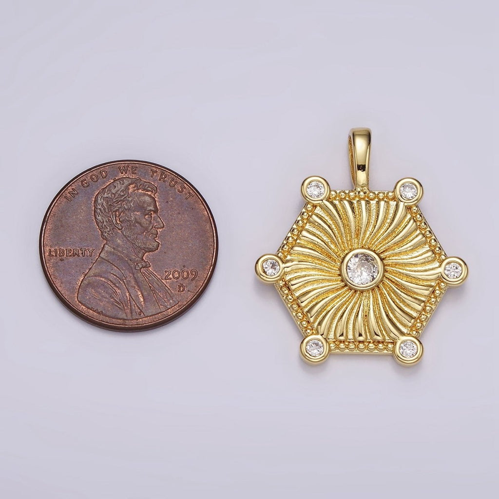 14K Gold plated Clear CZ Curved Sunburst Dotted Hexagonal Pendant | AH087 - DLUXCA
