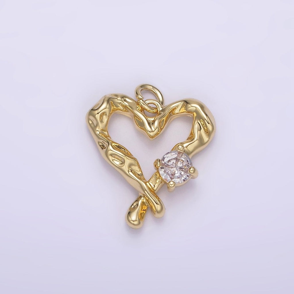 14K Gold plated Clear CZ Dented Molten Open Heart Charm | AG190 - DLUXCA