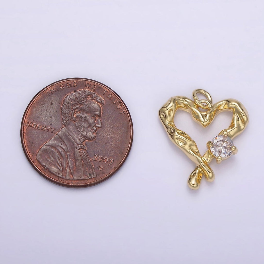 14K Gold plated Clear CZ Dented Molten Open Heart Charm | AG190 - DLUXCA