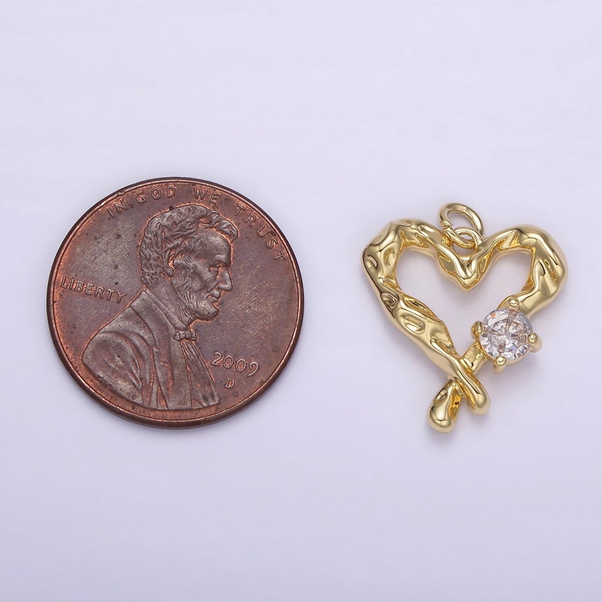 14K Gold plated Clear CZ Dented Molten Open Heart Charm | AG190 - DLUXCA