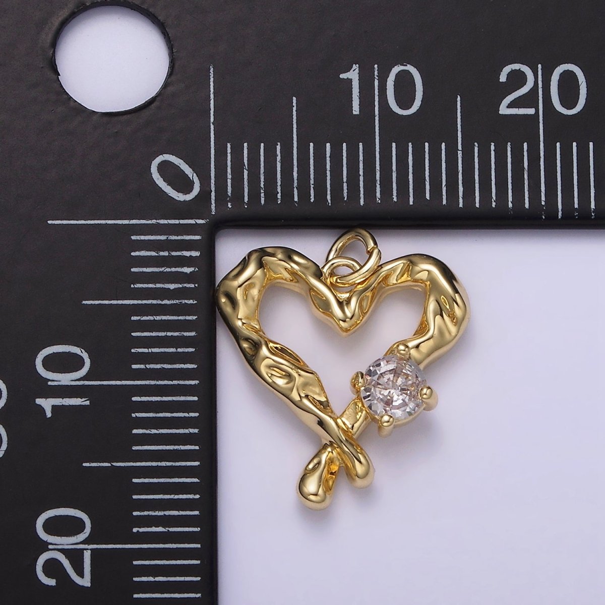 14K Gold plated Clear CZ Dented Molten Open Heart Charm | AG190 - DLUXCA