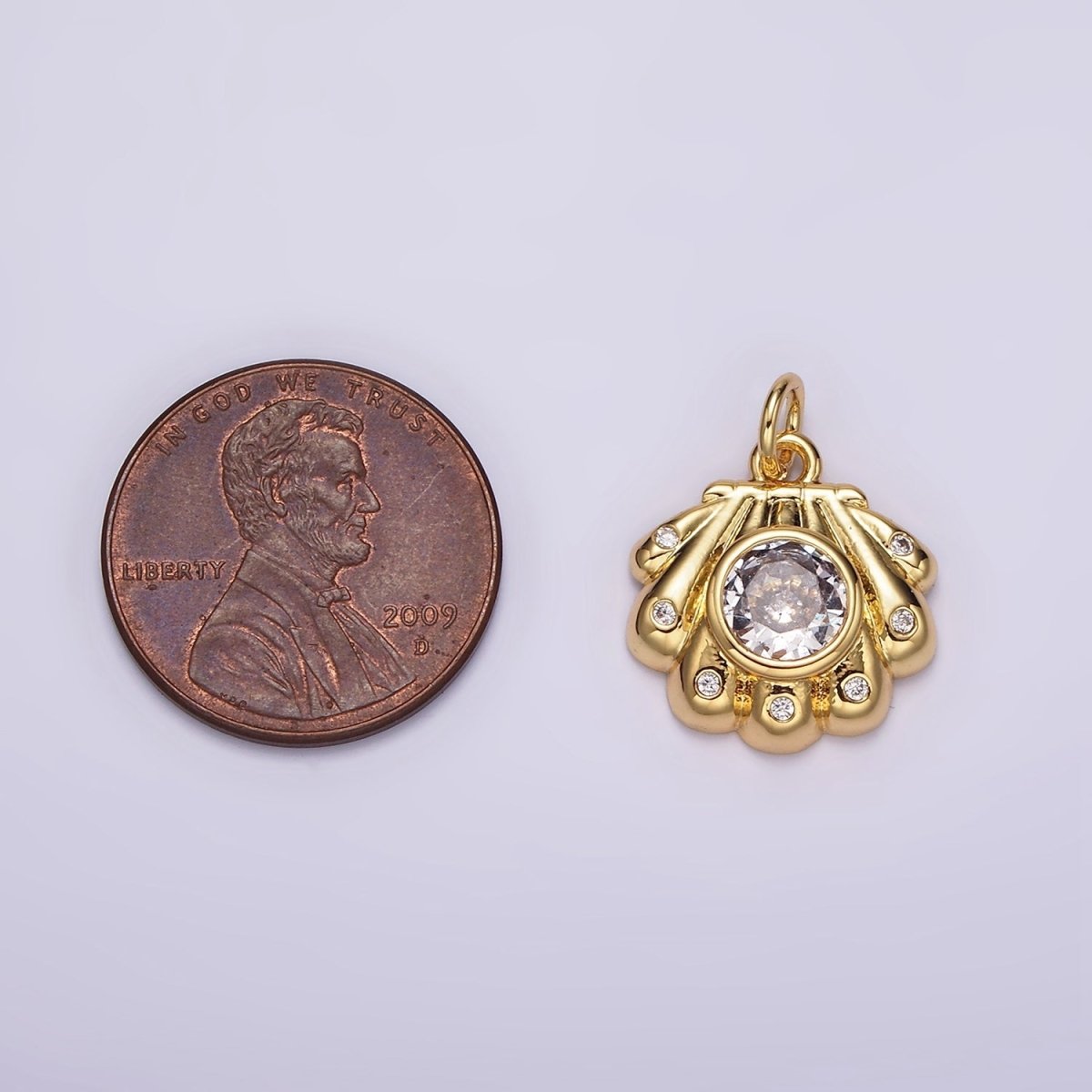 14K Gold plated Clear CZ Dotted Sea Clam Shell Charm | AG512 - DLUXCA