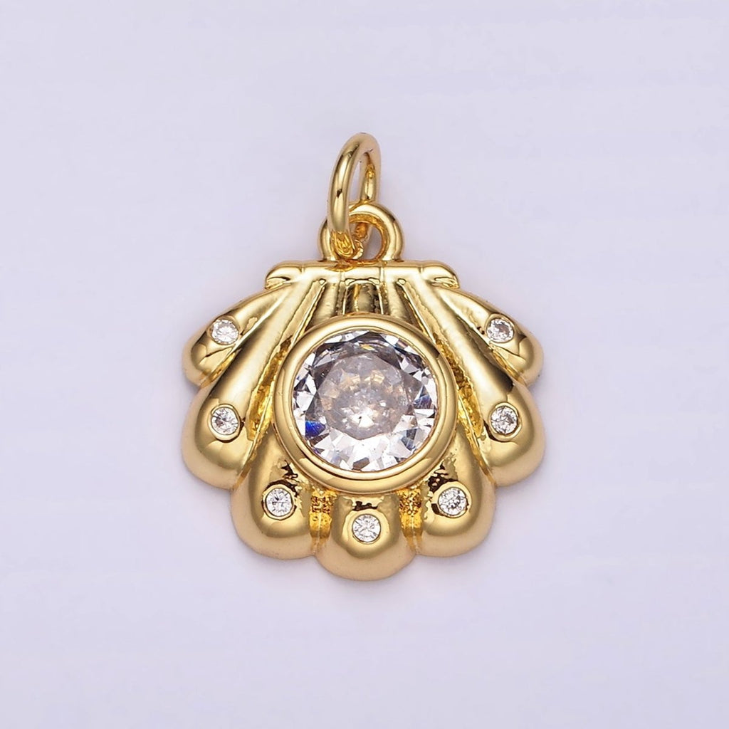 14K Gold plated Clear CZ Dotted Sea Clam Shell Charm | AG512 - DLUXCA