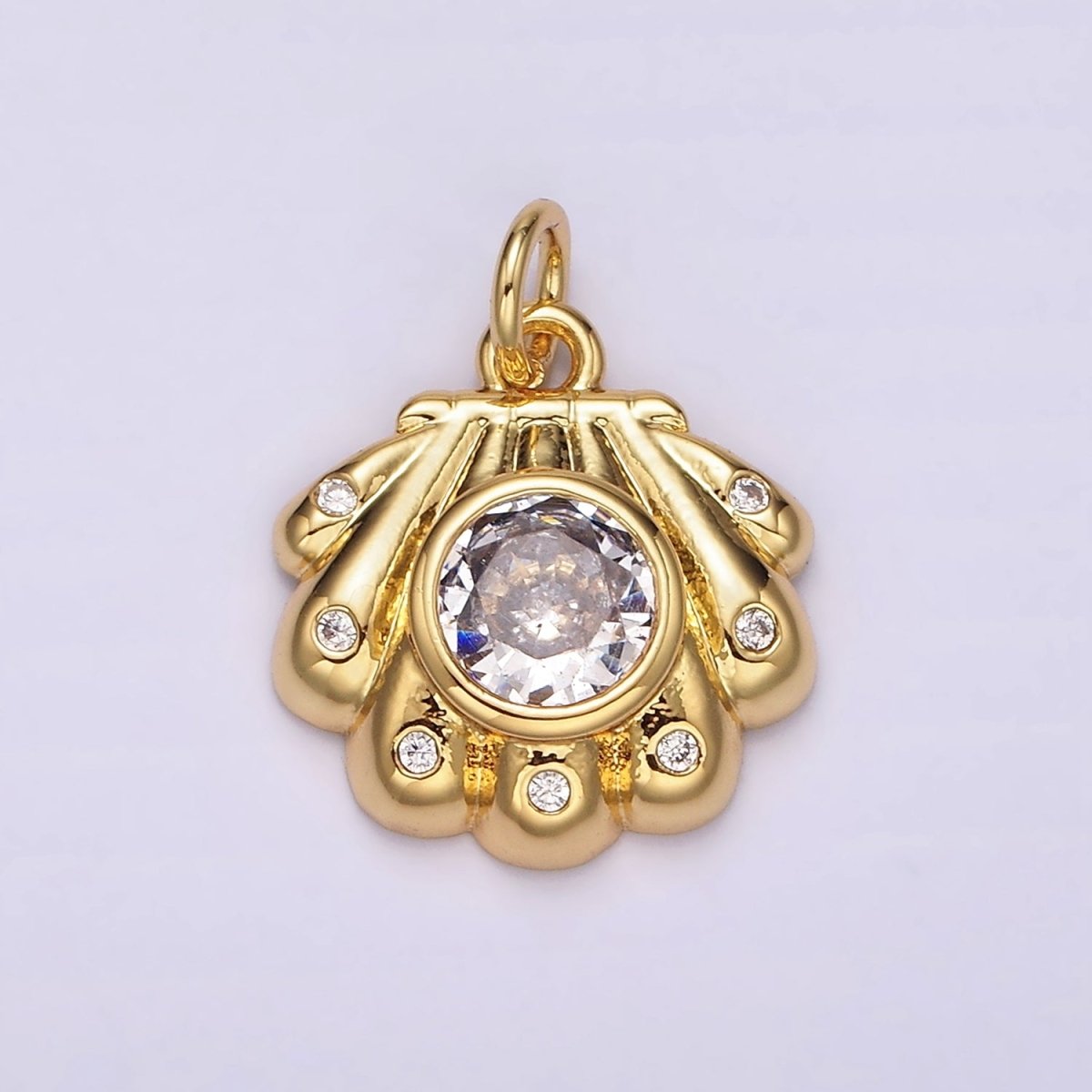 14K Gold plated Clear CZ Dotted Sea Clam Shell Charm | AG512 - DLUXCA