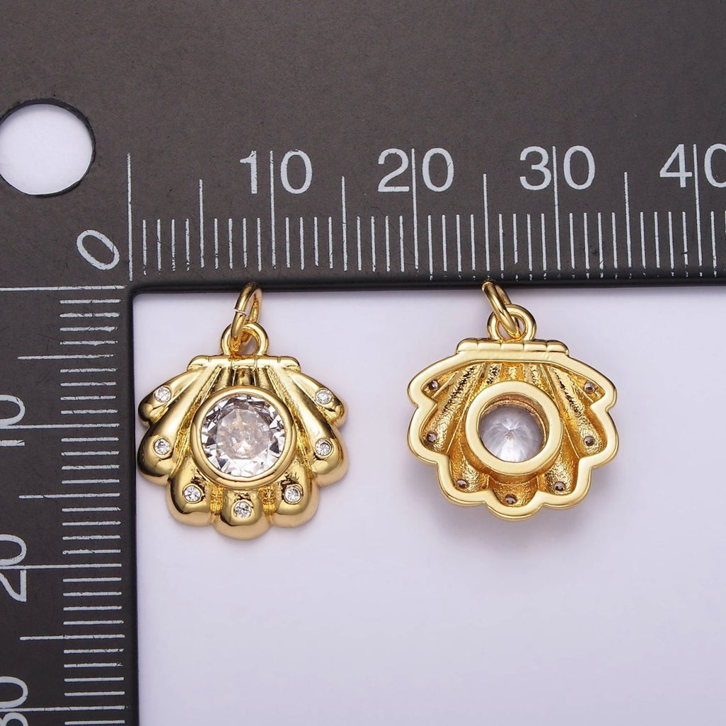 14K Gold plated Clear CZ Dotted Sea Clam Shell Charm | AG512 - DLUXCA