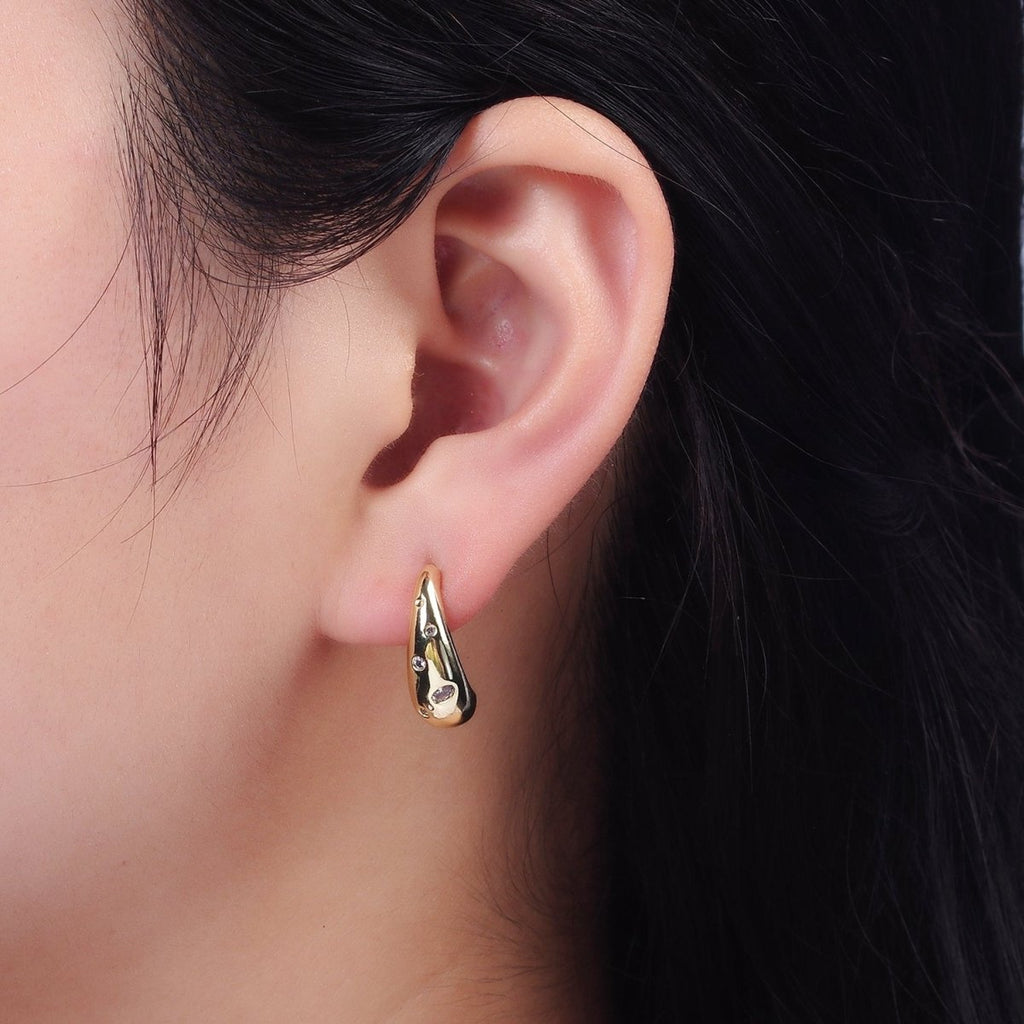 14K Gold plated Clear CZ Dotted Teardrop Drip J-Shaped Hoop Earrings | V454 - DLUXCA