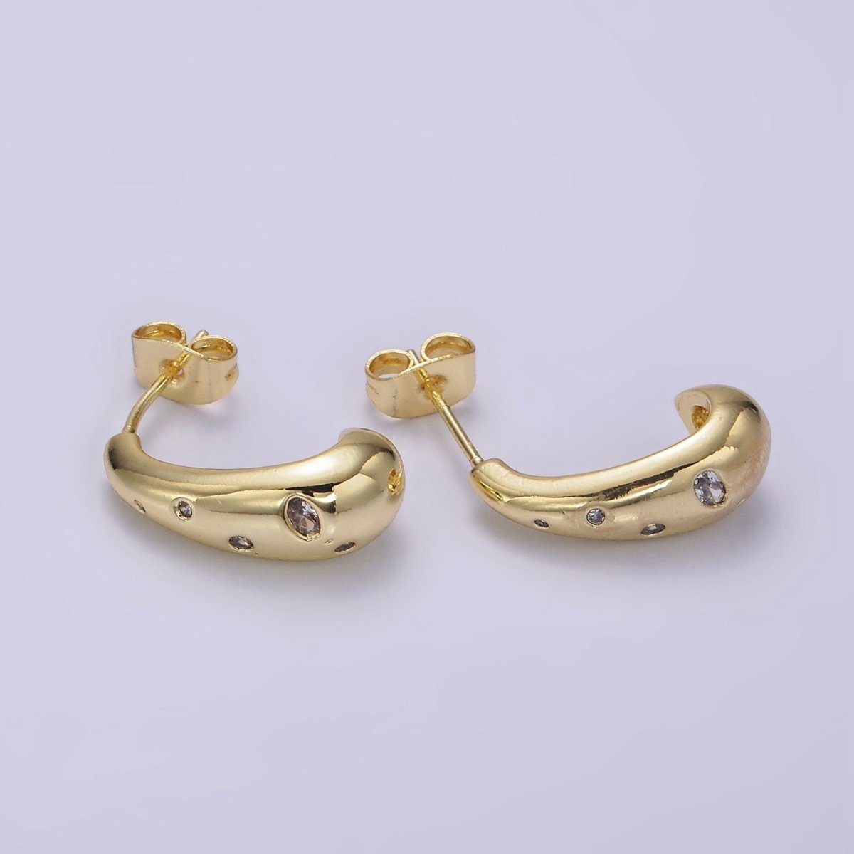 14K Gold plated Clear CZ Dotted Teardrop Drip J-Shaped Hoop Earrings | V454 - DLUXCA