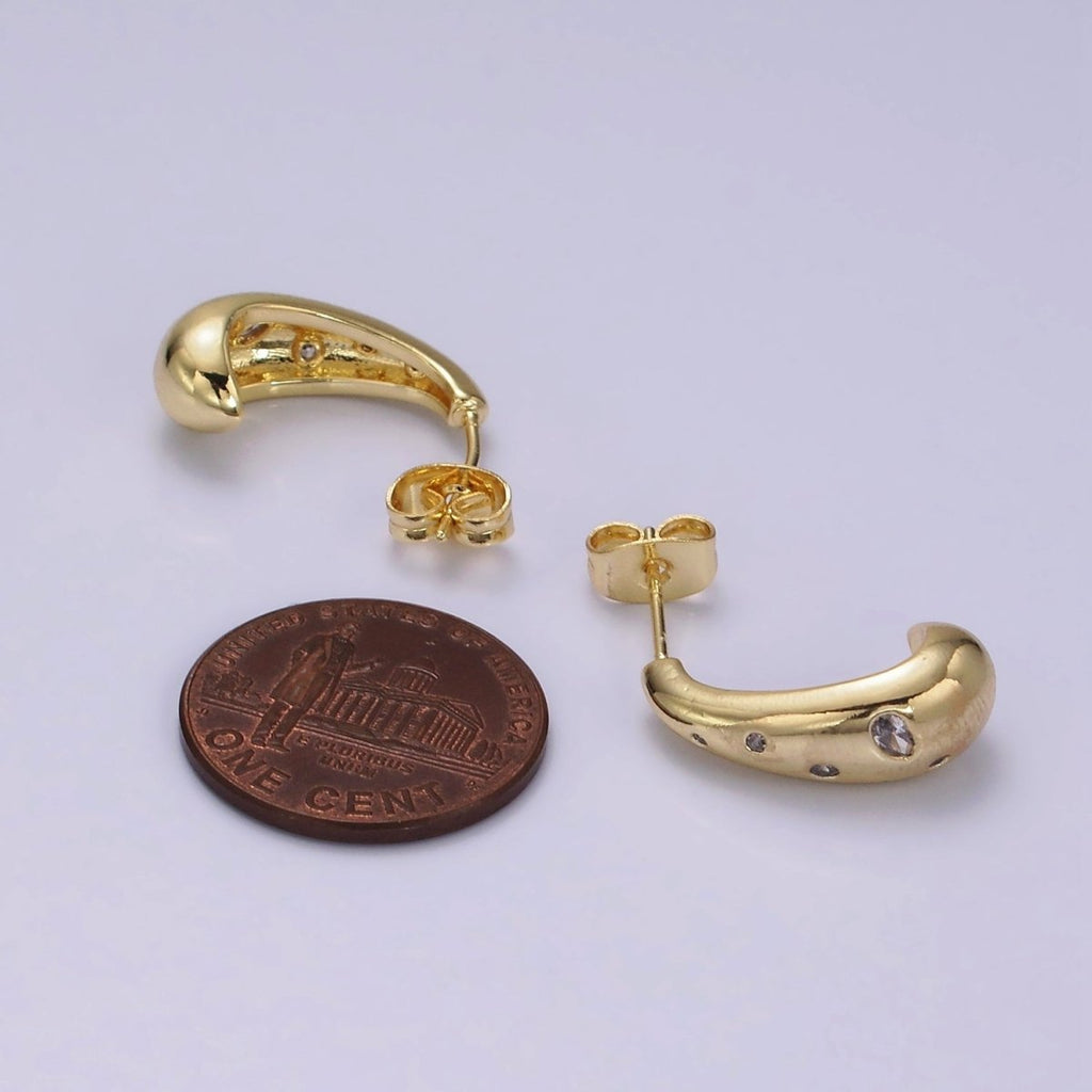 14K Gold plated Clear CZ Dotted Teardrop Drip J-Shaped Hoop Earrings | V454 - DLUXCA