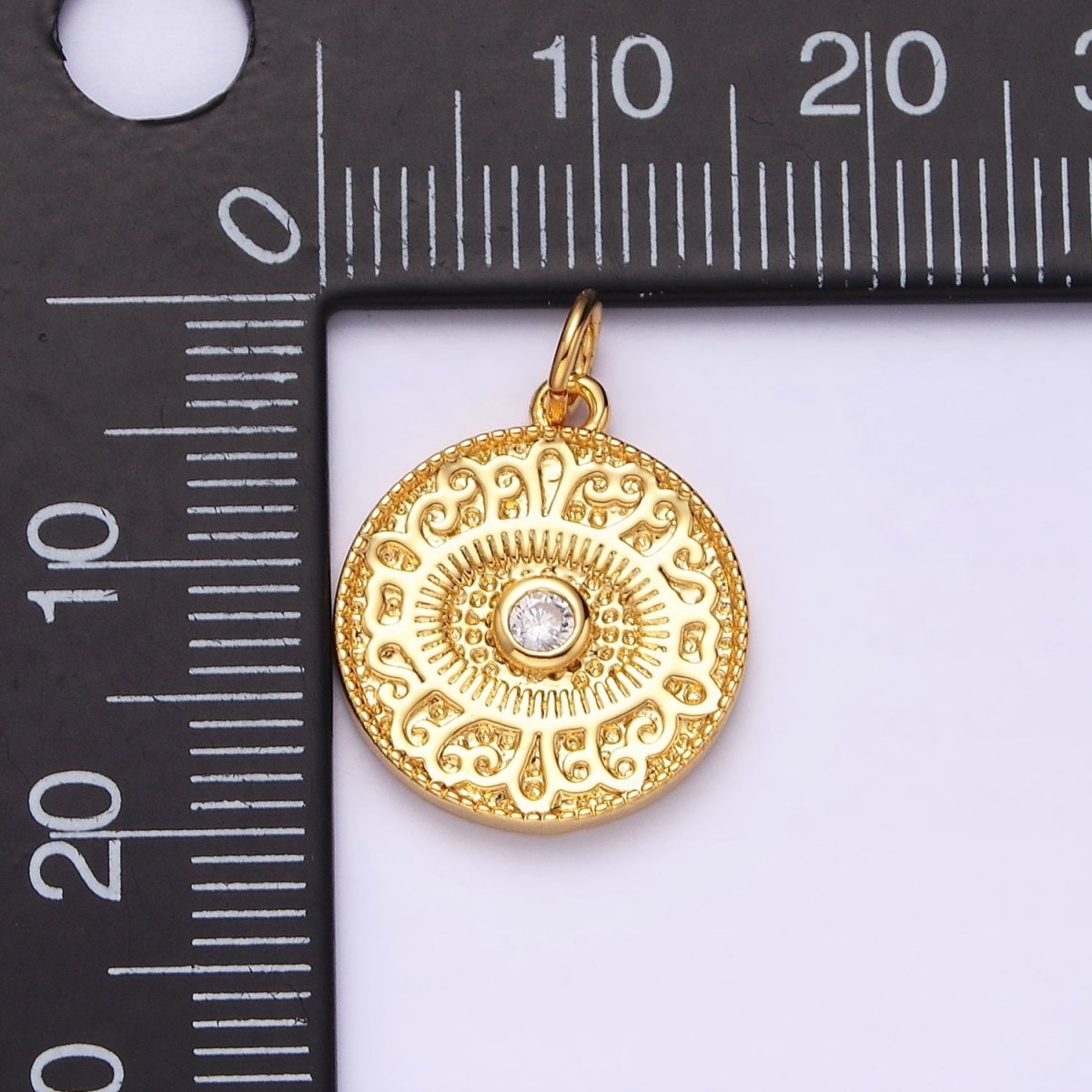 14K Gold plated Clear CZ Evil Eye Artisan Textured Round Charm | AC1299 - DLUXCA