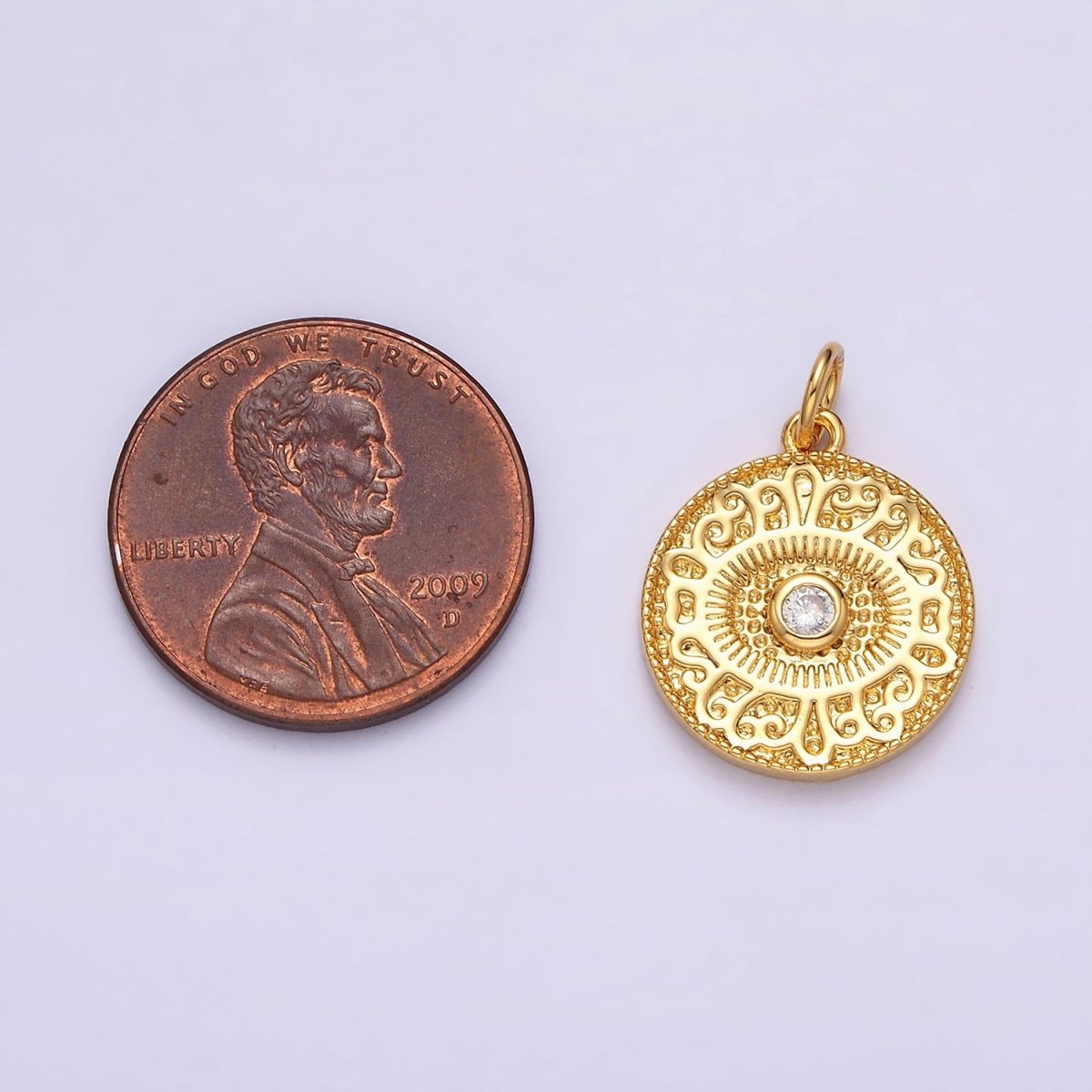 14K Gold plated Clear CZ Evil Eye Artisan Textured Round Charm | AC1299 - DLUXCA
