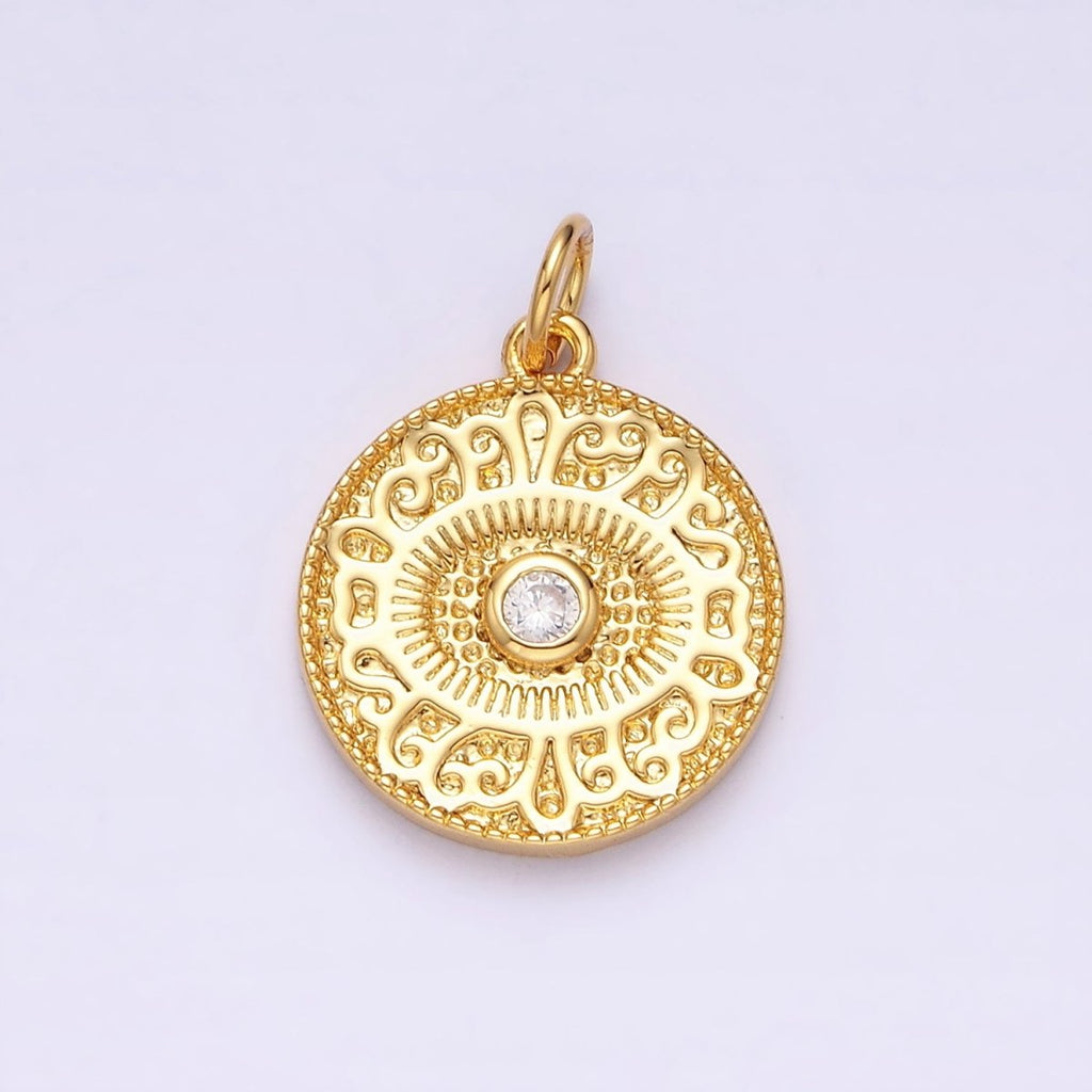 14K Gold plated Clear CZ Evil Eye Artisan Textured Round Charm | AC1299 - DLUXCA
