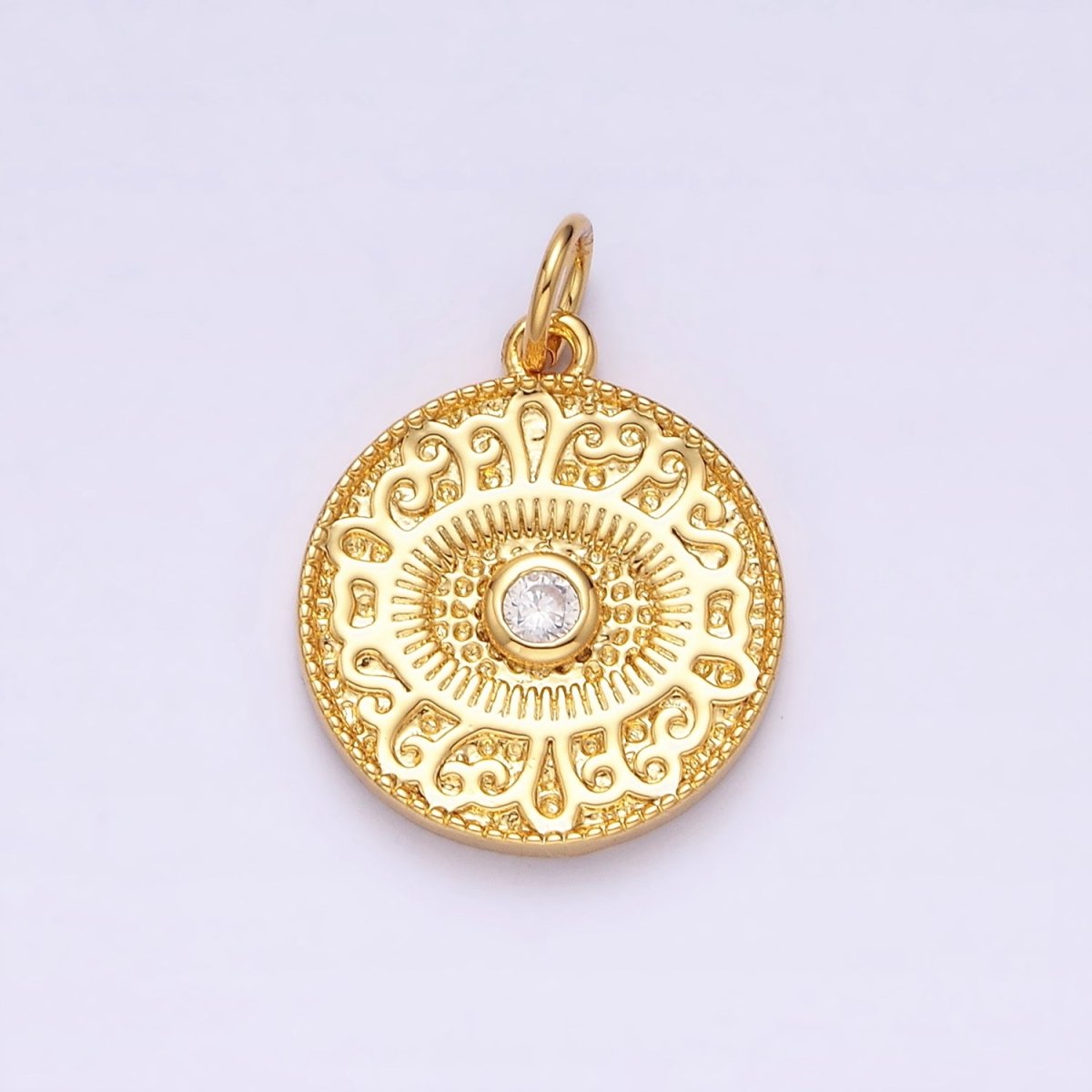 14K Gold plated Clear CZ Evil Eye Artisan Textured Round Charm | AC1299 - DLUXCA