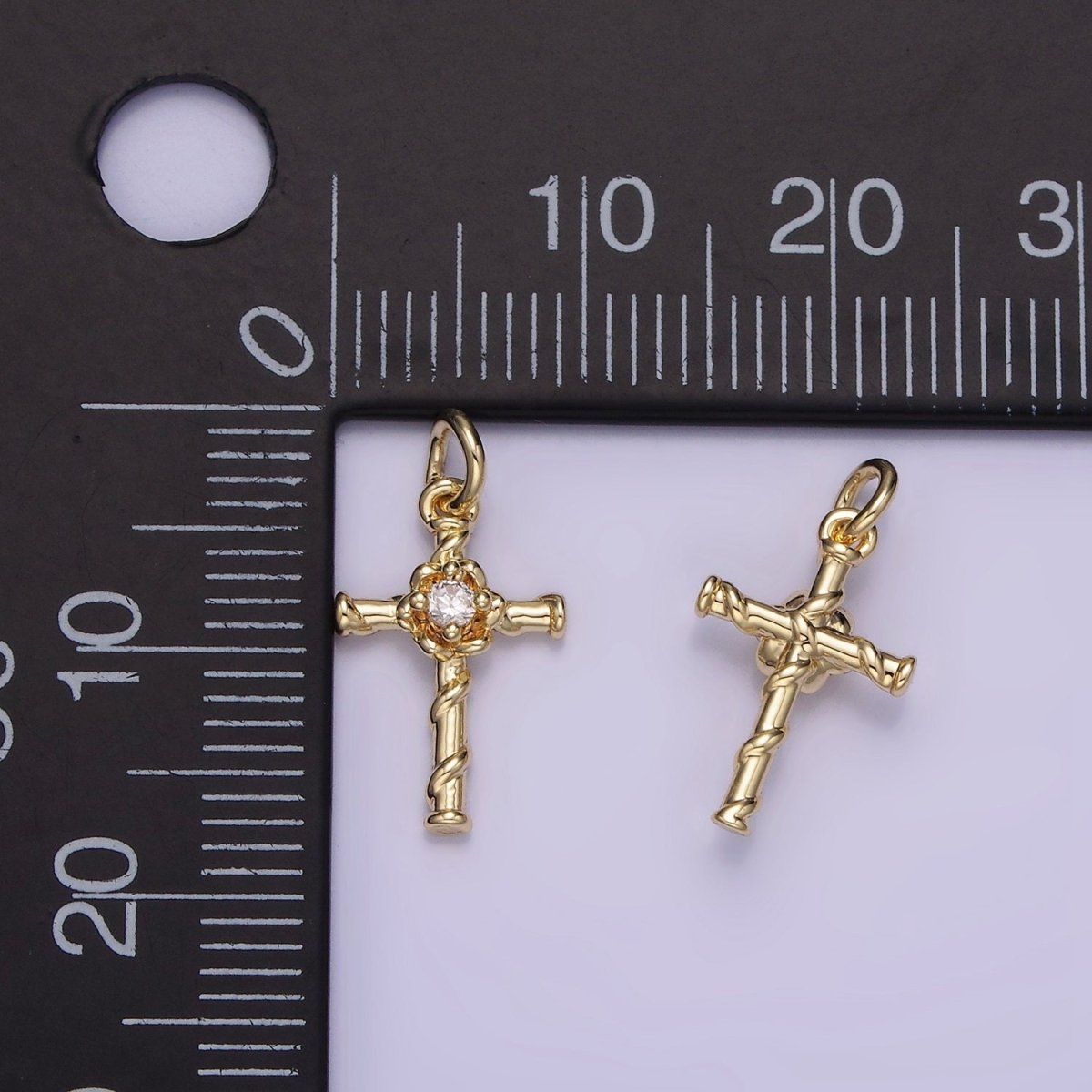 14K Gold plated Clear CZ Flow Curling Band Religious Cross Charm | AG718 - DLUXCA