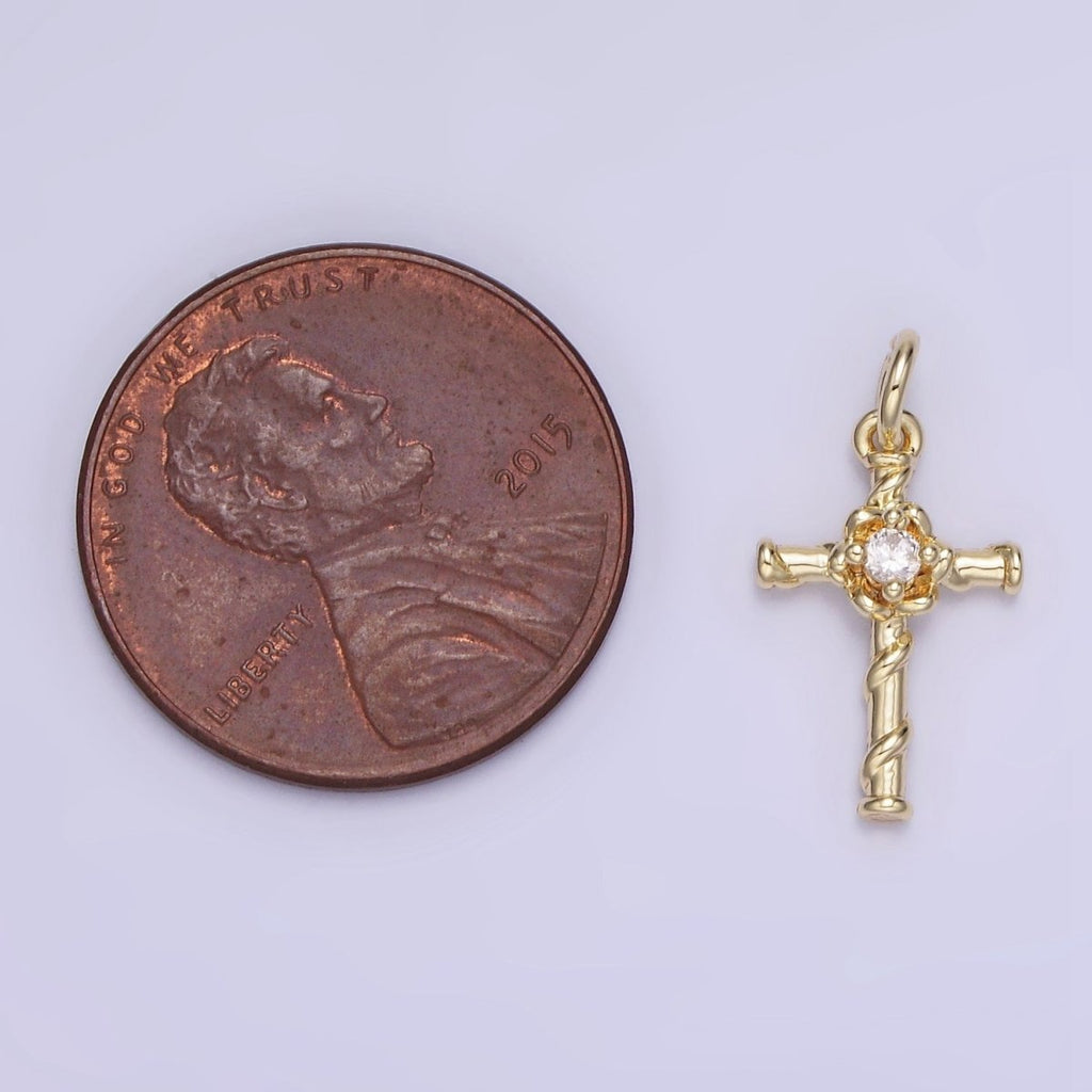 14K Gold plated Clear CZ Flow Curling Band Religious Cross Charm | AG718 - DLUXCA