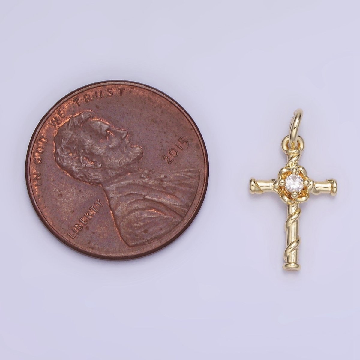 14K Gold plated Clear CZ Flow Curling Band Religious Cross Charm | AG718 - DLUXCA