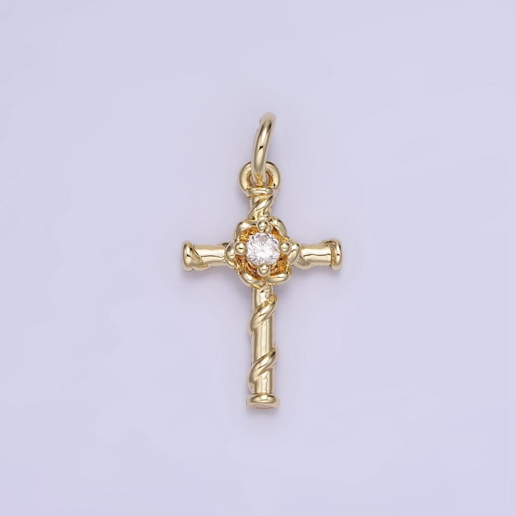 14K Gold plated Clear CZ Flow Curling Band Religious Cross Charm | AG718 - DLUXCA