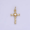 14K Gold plated Clear CZ Flow Curling Band Religious Cross Charm | AG718 - DLUXCA
