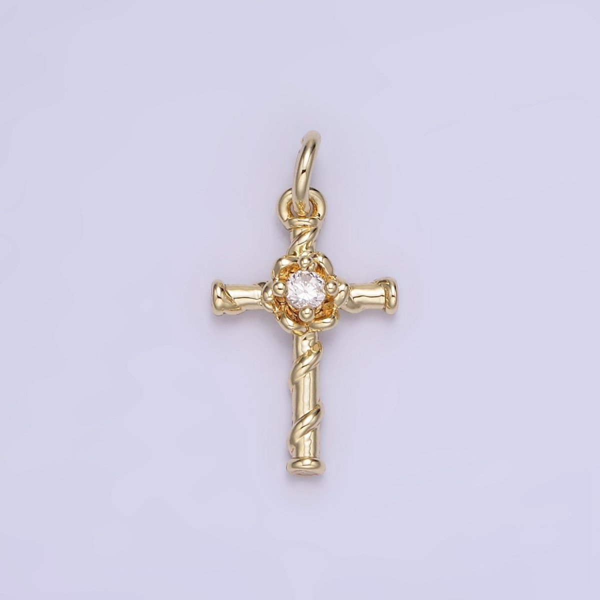 14K Gold plated Clear CZ Flow Curling Band Religious Cross Charm | AG718 - DLUXCA