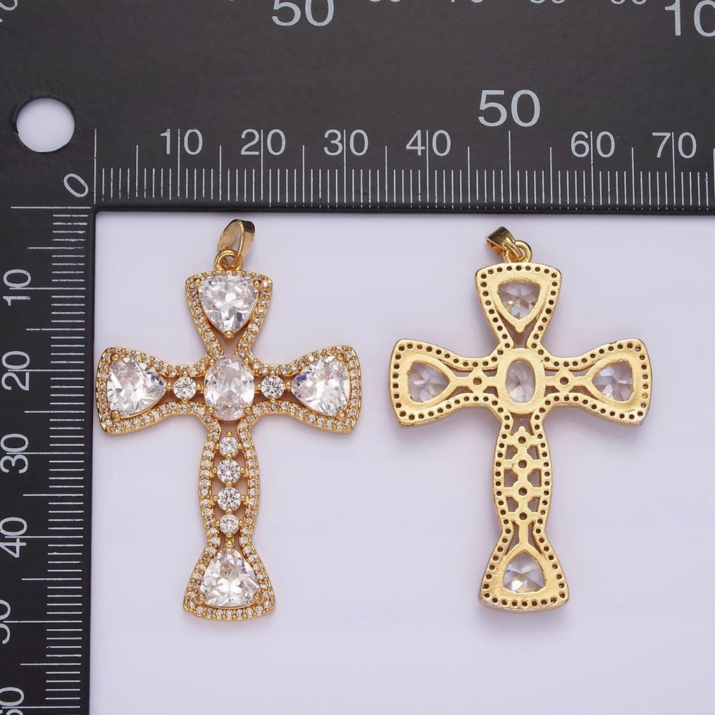 14K Gold plated Clear CZ Geometric Cross Micro Paved Pendant | AH051 - DLUXCA