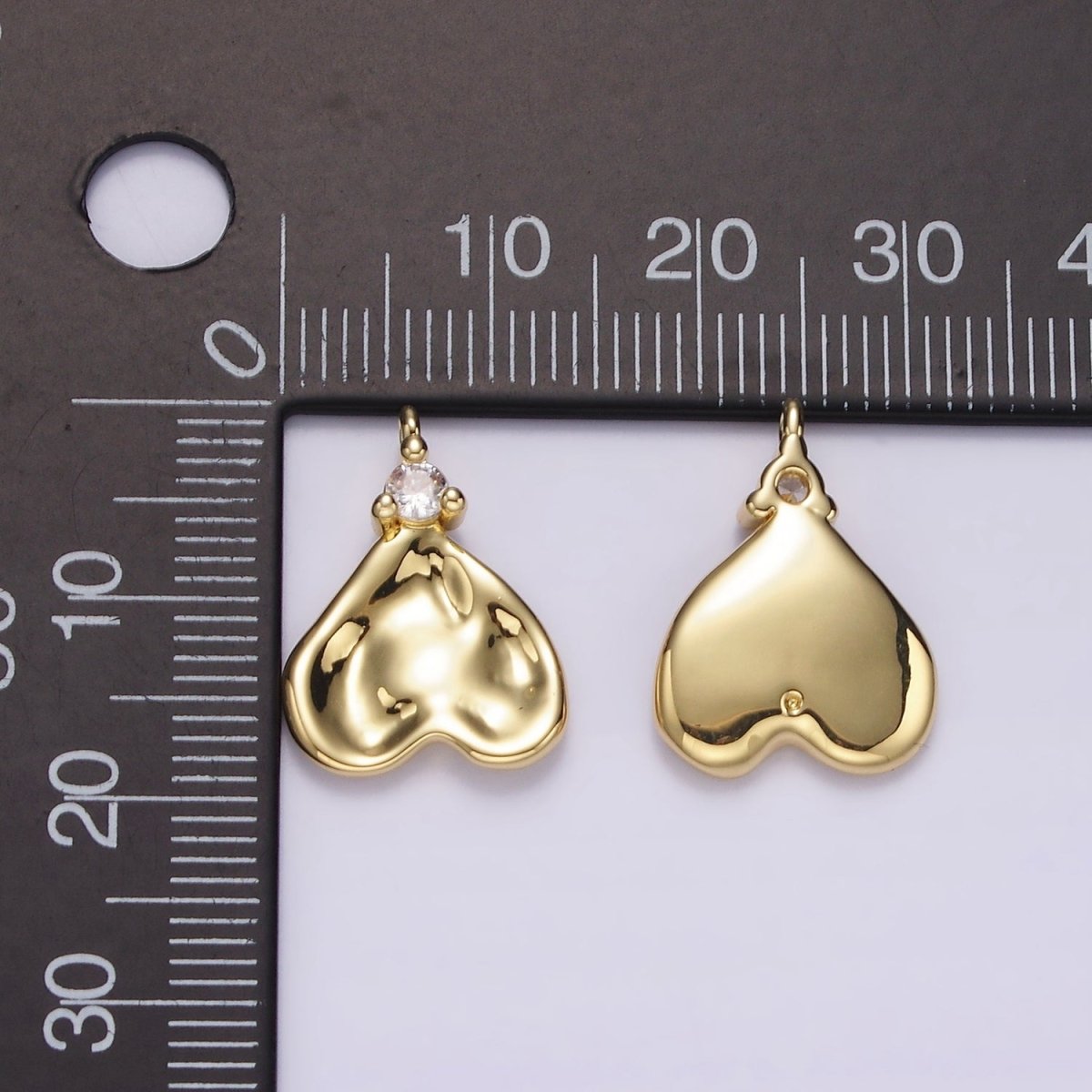 14K Gold plated Clear CZ Hammered Heart Charm | AC934 - DLUXCA