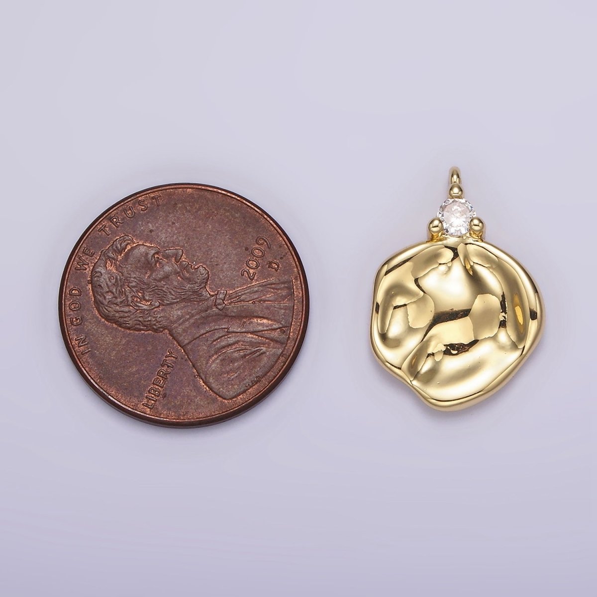 14K Gold plated Clear CZ Hammered Round Charm | AC931 - DLUXCA