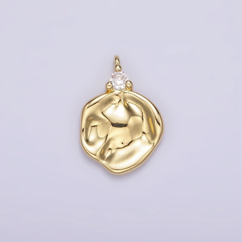 14K Gold plated Clear CZ Hammered Round Charm | AC931 - DLUXCA