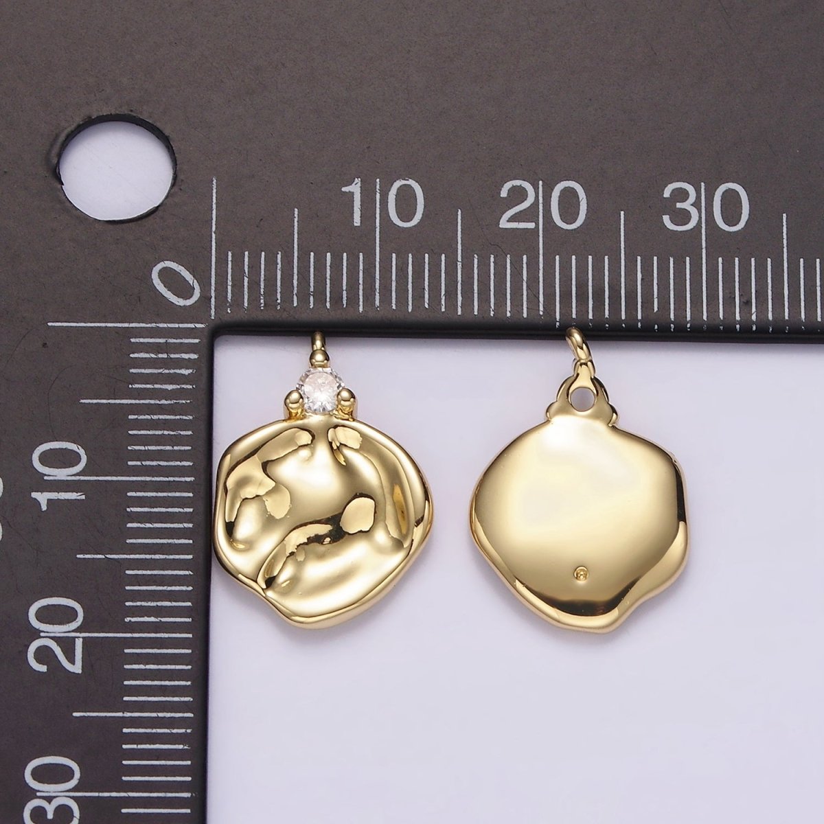 14K Gold plated Clear CZ Hammered Round Charm | AC931 - DLUXCA
