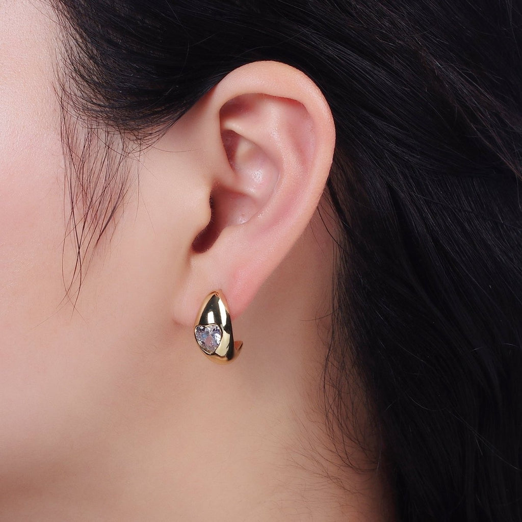 14K Gold plated Clear CZ Heart Chubby C-Shaped Hoop Earrings in Gold & Silver | AE854 AE855 - DLUXCA
