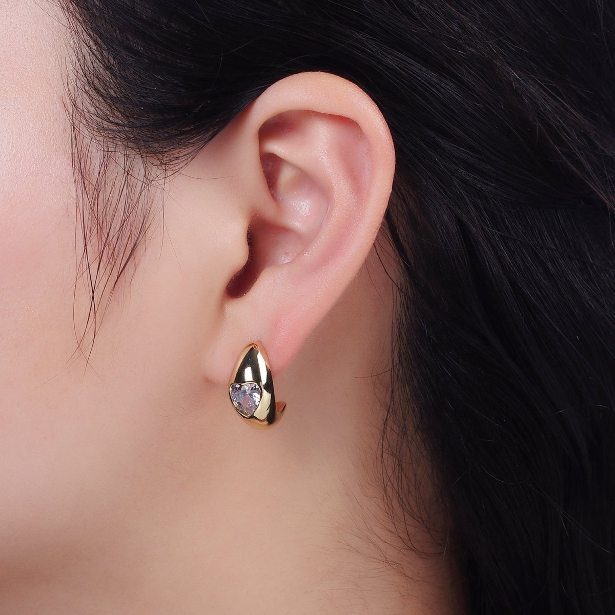 14K Gold plated Clear CZ Heart Chubby C-Shaped Hoop Earrings in Gold & Silver | AE854 AE855 - DLUXCA