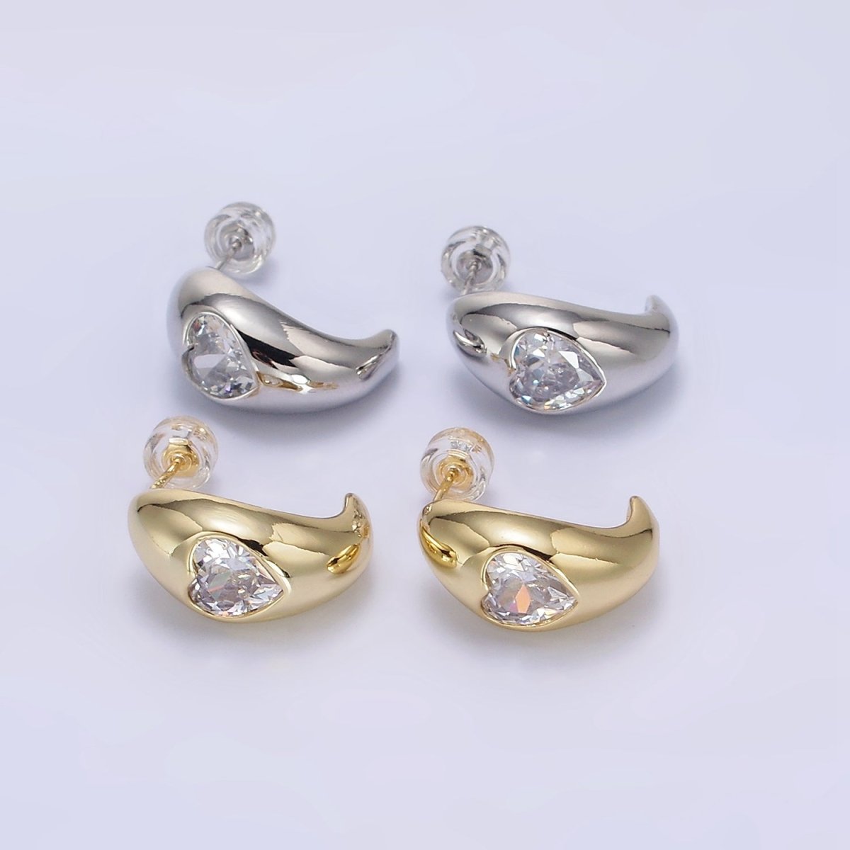 14K Gold plated Clear CZ Heart Chubby C-Shaped Hoop Earrings in Gold & Silver | AE854 AE855 - DLUXCA