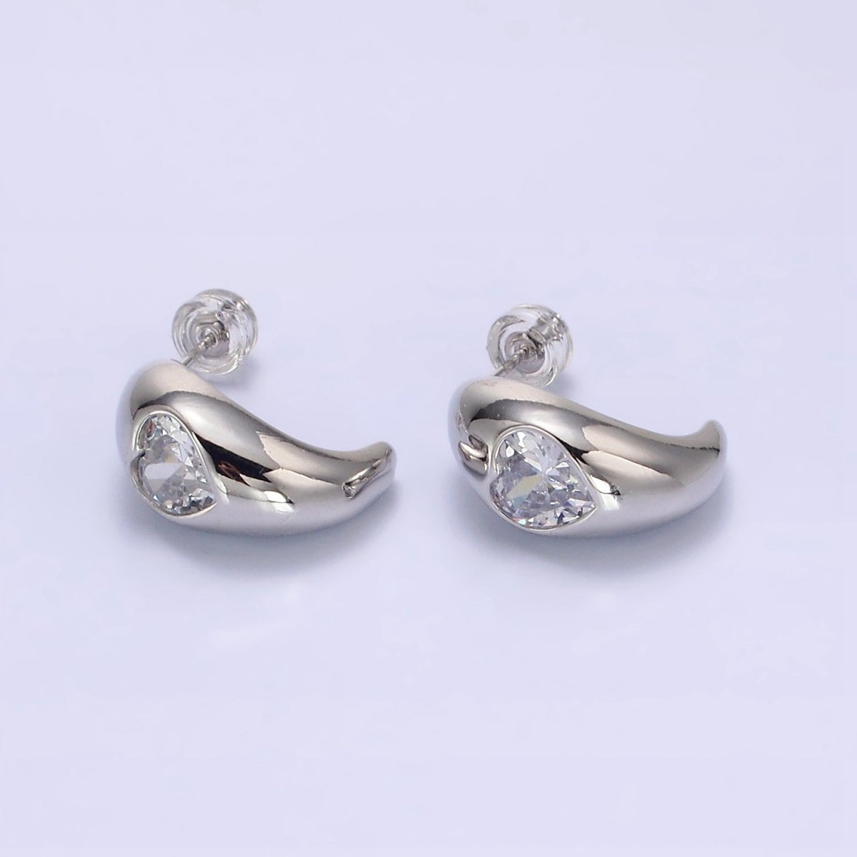 14K Gold plated Clear CZ Heart Chubby C-Shaped Hoop Earrings in Gold & Silver | AE854 AE855 - DLUXCA