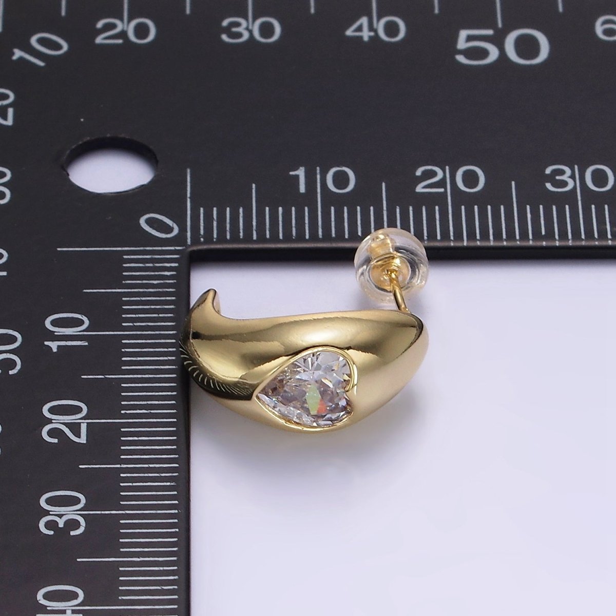 14K Gold plated Clear CZ Heart Chubby C-Shaped Hoop Earrings in Gold & Silver | AE854 AE855 - DLUXCA