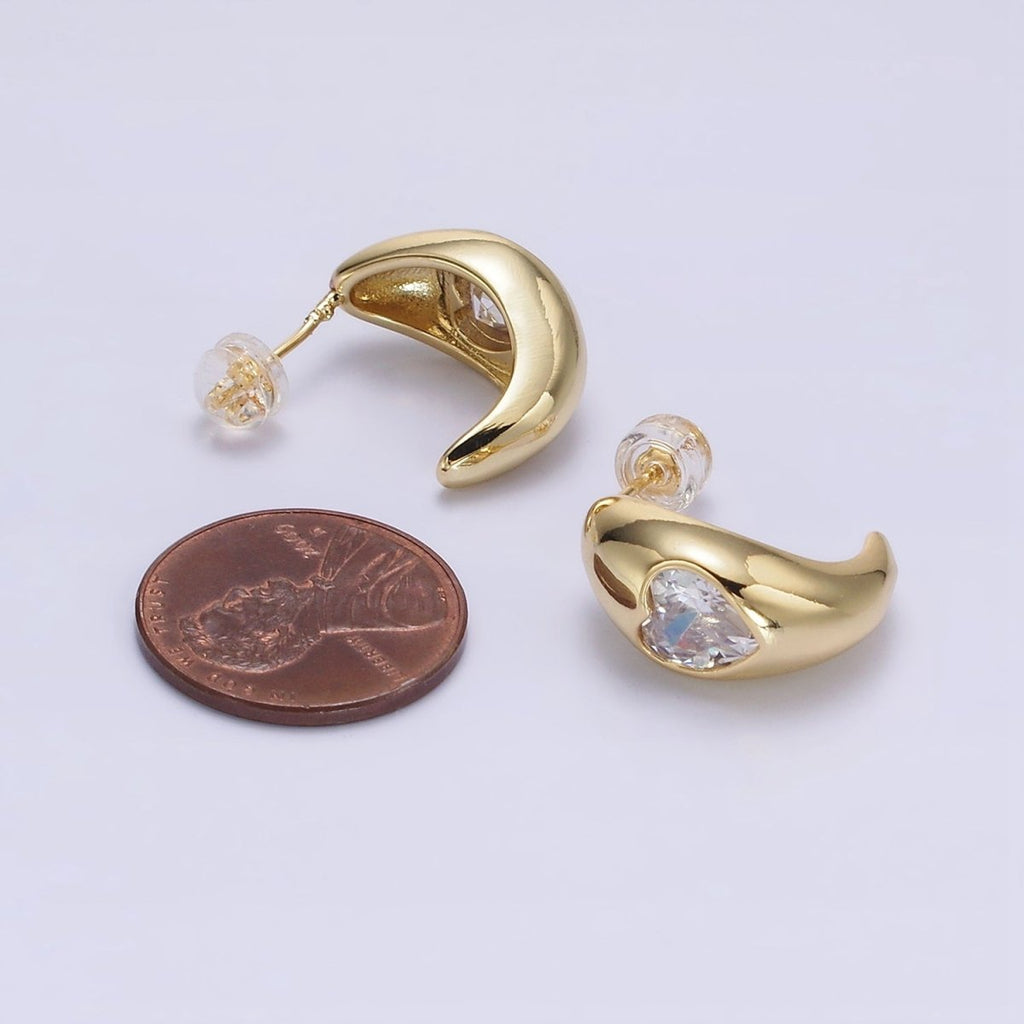 14K Gold plated Clear CZ Heart Chubby C-Shaped Hoop Earrings in Gold & Silver | AE854 AE855 - DLUXCA