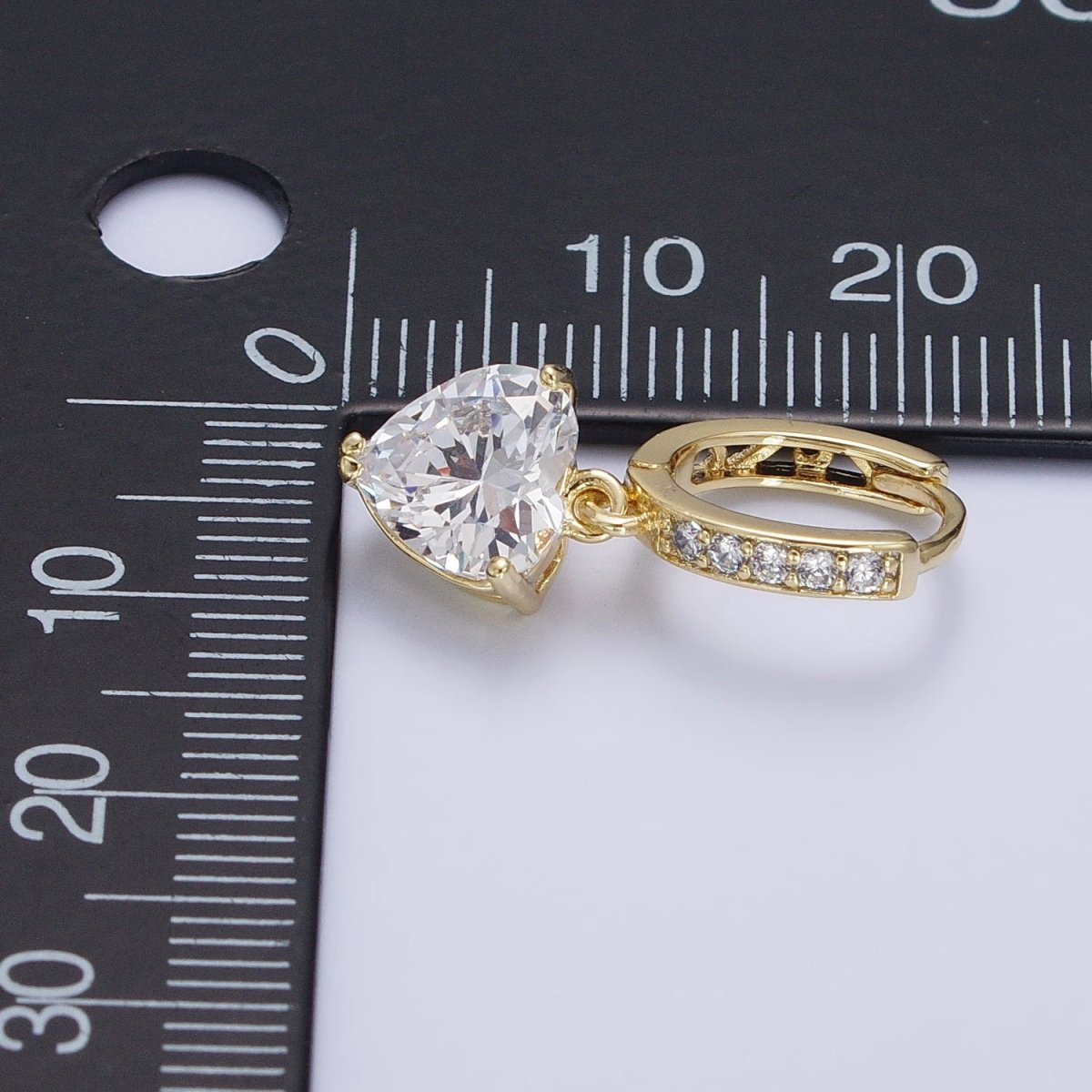 14K Gold plated Clear CZ Heart Drop Micro Paved Oblong Hoop Earrings | AD1436 - DLUXCA