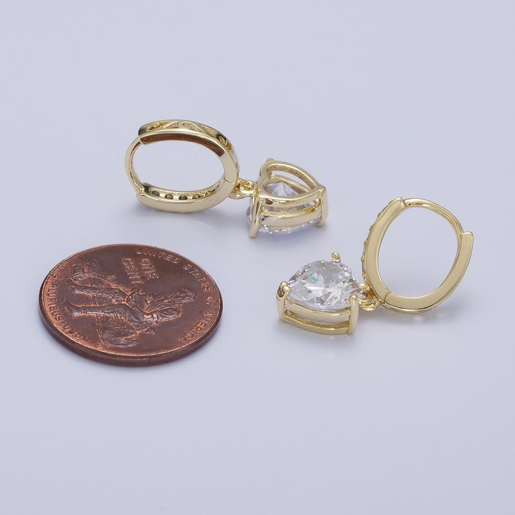14K Gold plated Clear CZ Heart Drop Micro Paved Oblong Hoop Earrings | AD1436 - DLUXCA