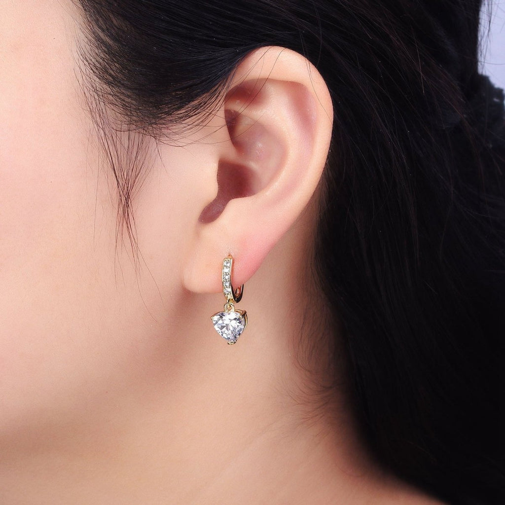 14K Gold plated Clear CZ Heart Drop Micro Paved Oblong Hoop Earrings | AD1436 - DLUXCA
