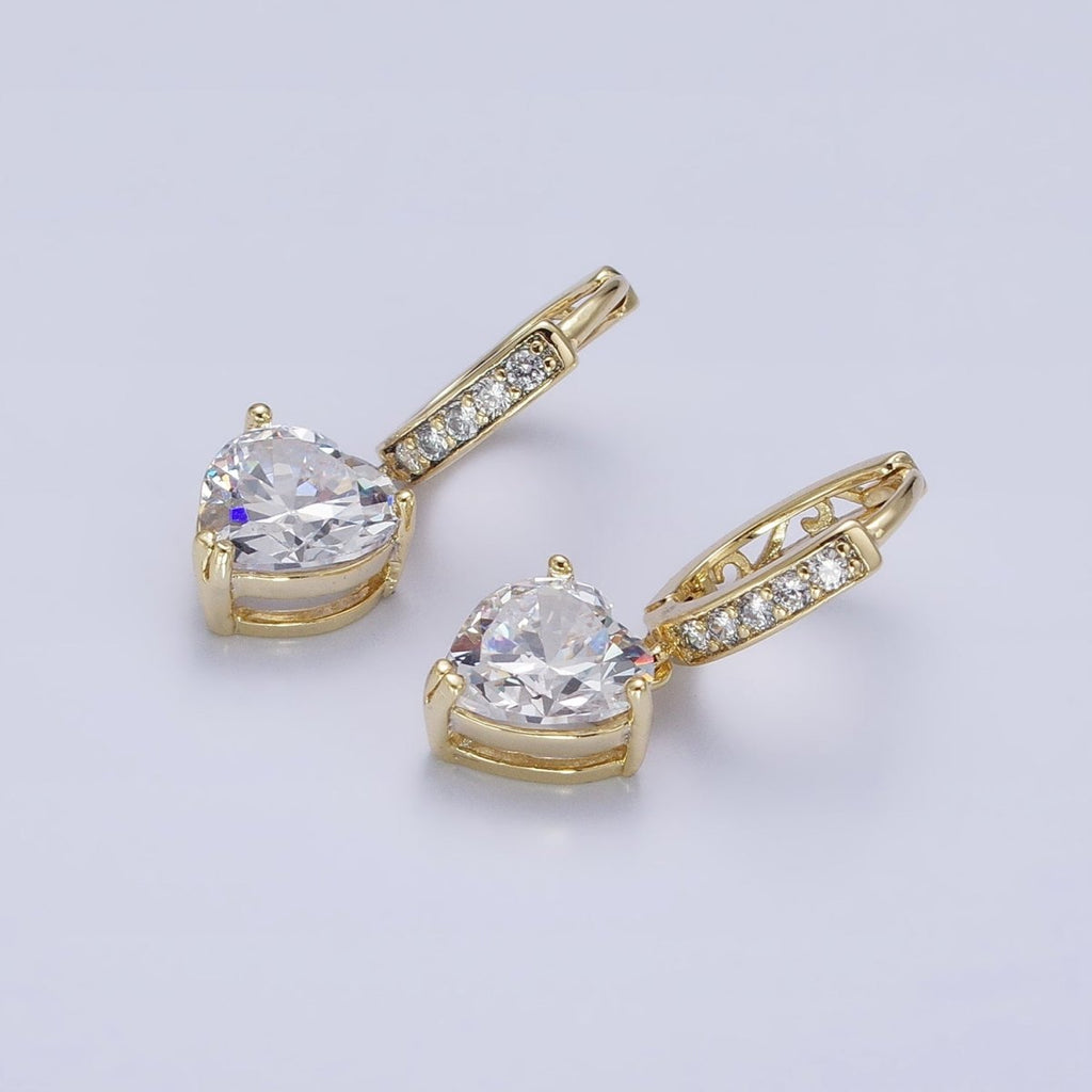 14K Gold plated Clear CZ Heart Drop Micro Paved Oblong Hoop Earrings | AD1436 - DLUXCA